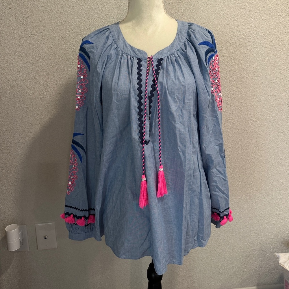 Lilly Pulitzer Blue Blouse with Pink Embroidery